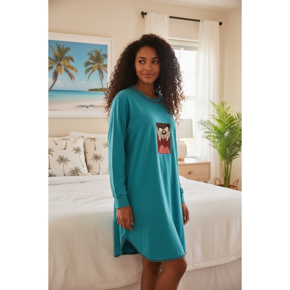 Vintage‎ 1997 Looney Tunes Taz Nightshirt Teal Cotton Long Sleeve Medium